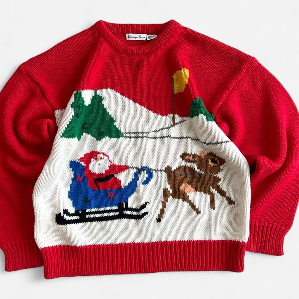 Vintage Carriage Court Acrylic Knit Santa Reindeer Sleigh Christmas Sweater L